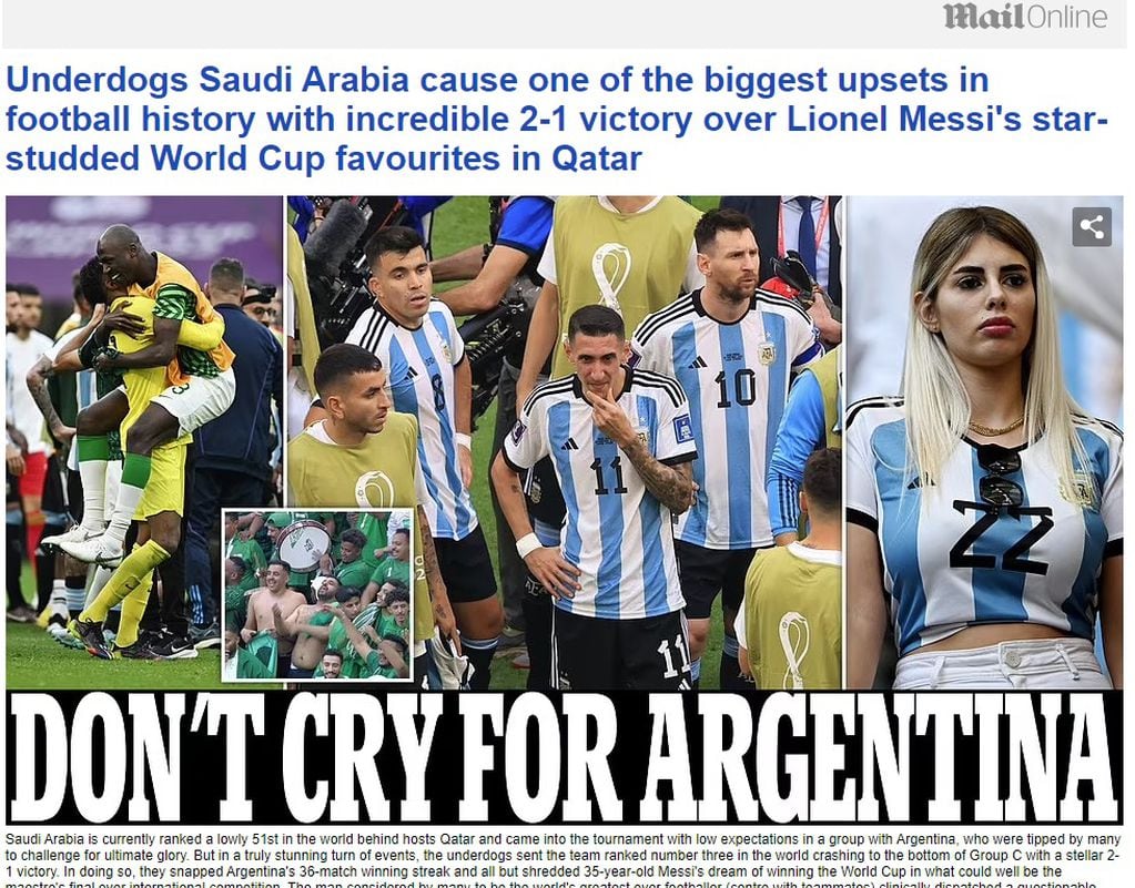 Daily Mail (Inglaterra) La prensa internacional reaccionó con dureza a la derrota de Argentina frente a Arabia Saudita en el Mundial de Qatar 2022