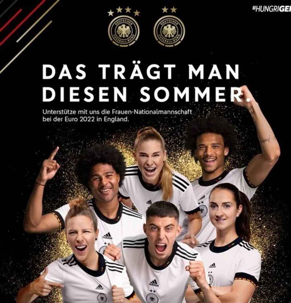 El posteo en Twitter de la federación alemana de fútbol, apoyando a la escuadra masculina y femenina.