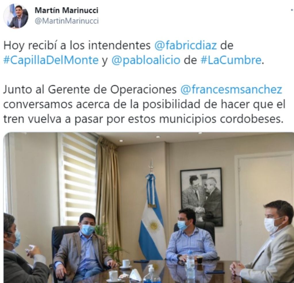 El titular de Trenes Argentinos, Martín Marinucci, en reunión junto a intendentes de Capilla del Monte y La Cumbre.