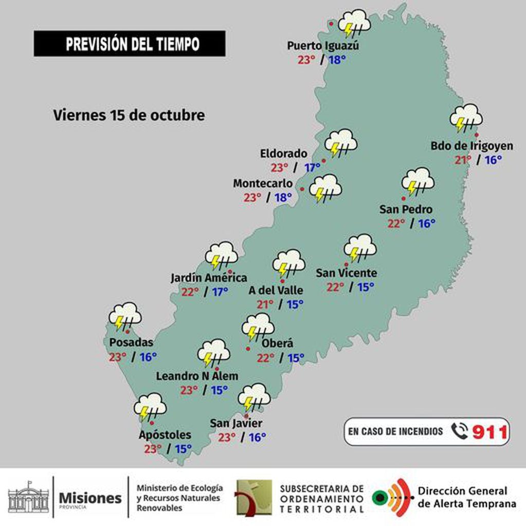 Viernes con inestabilidad y precipitaciones en la provincia de Misiones.