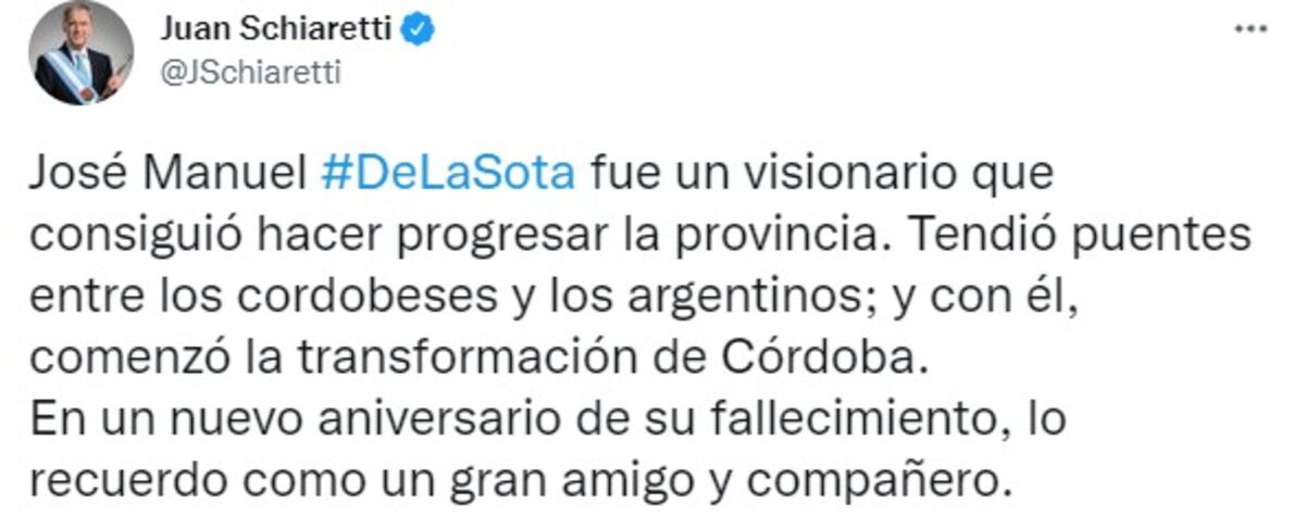 El gobernador Juan Schiaretti lo recordó con un emotivo mensaje.