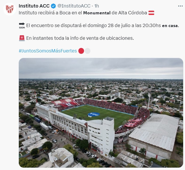 Finalmente Instituto recibirá a Boca el domingo, a las 20.30, en el estadio Juan Domingo Perón de Alta Córdoba