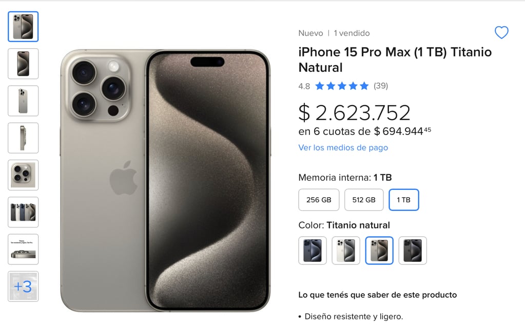 Precio del iPhone 15 Pro Max de 1T en Argentina.