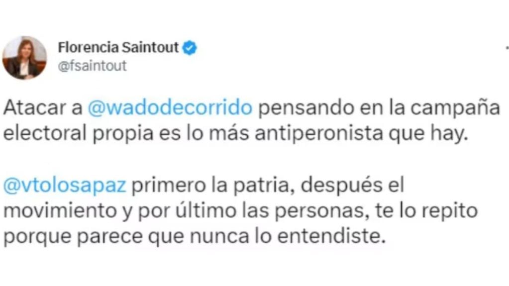 Florencia Saintout tildó a Victoria Tolosa Paz de "antiperonista" (Twitter).