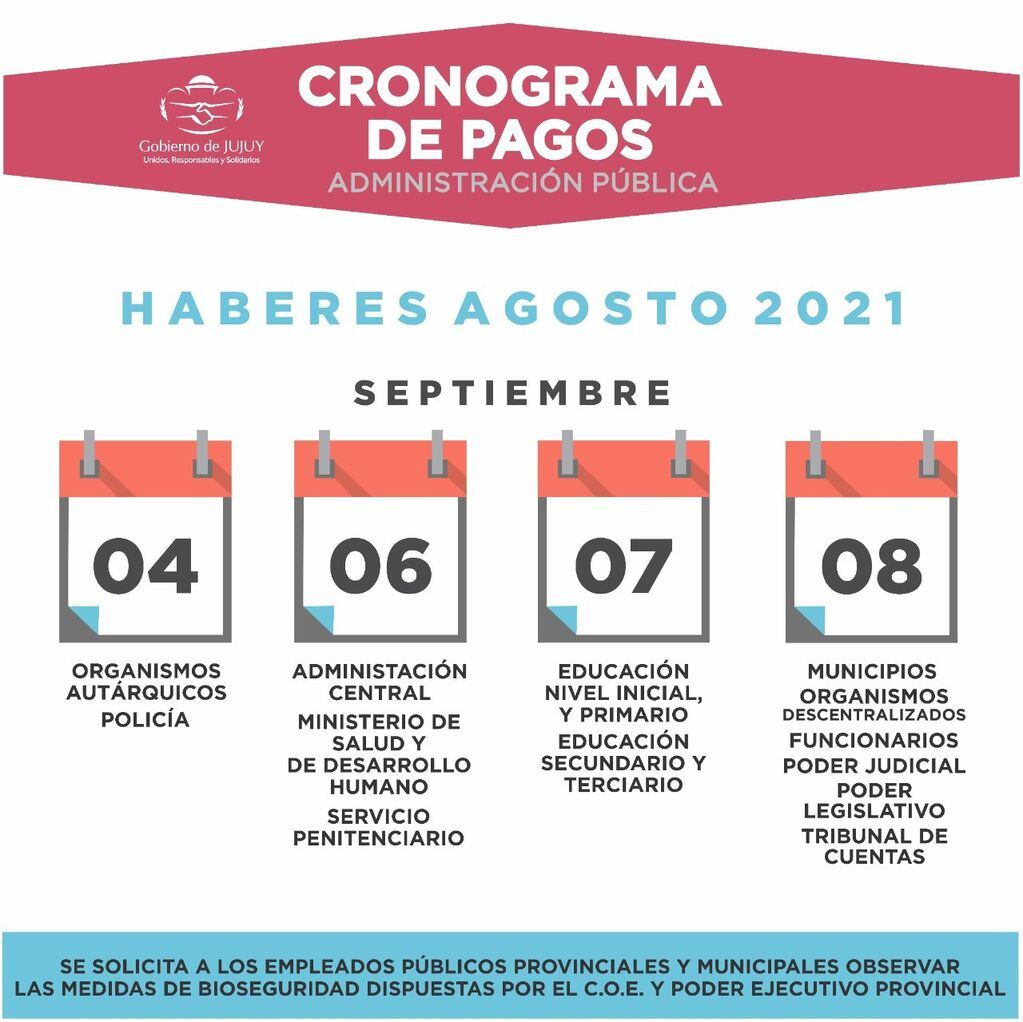 El Ministerio de Hacienda dio a conocer el cronograma de pago de sueldos en Jujuy, para la administración pública provincial.