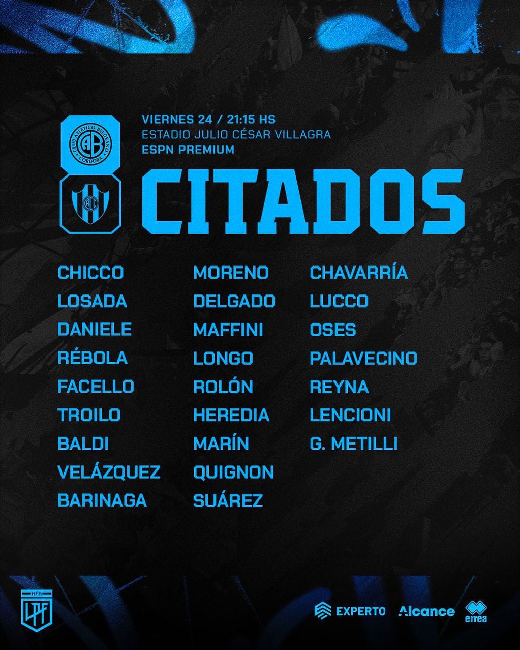 Los 25 convocados por Juan Cruz Real para esperar el partido con Central Córdoba (Prensa Belgrano).