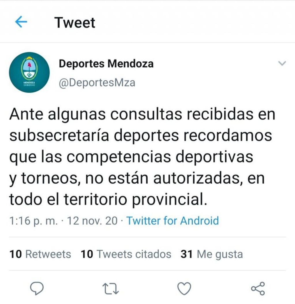 Mensaje de Deportes Mendoza.