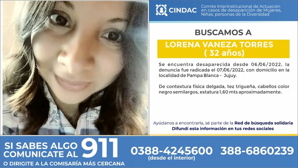 El CINDAC emitió una primera alerta de búsqueda de Lorena Vaneza Torres el martes 7 de junio en Jujuy. Ahora la mujer es investigada por el presunto infanticidio de su bebé.
