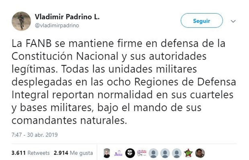 Vladimir Padrino se expresó a través de Twitter y se pronunció "firme en defensa de la Constitución Nacional y sus autoridades legítimas"