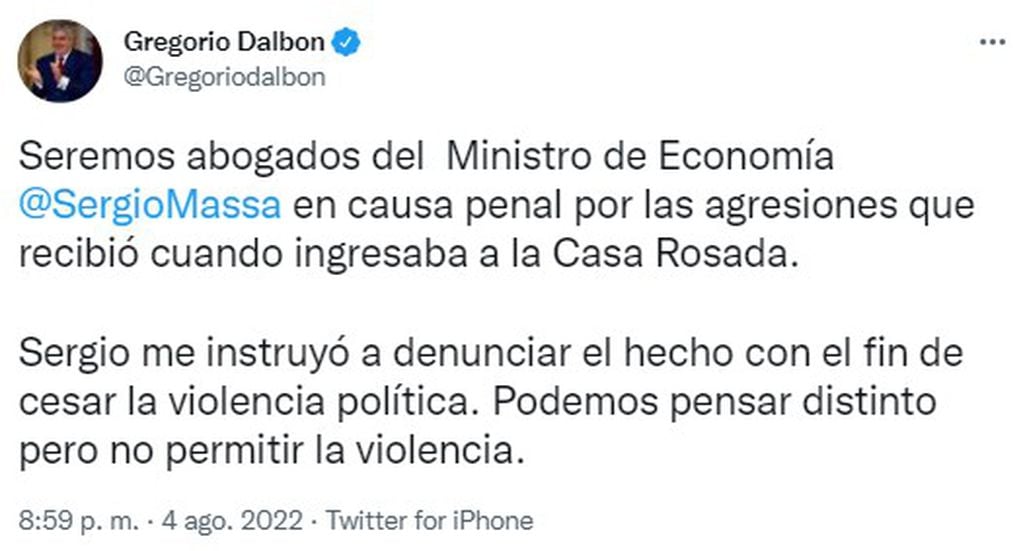 El mensaje de Gregorio Dalbón en Twitter