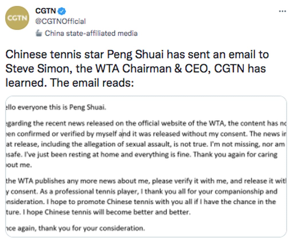 El mensaje que habría dejado la tenista desaparecida, Peng Shuai.