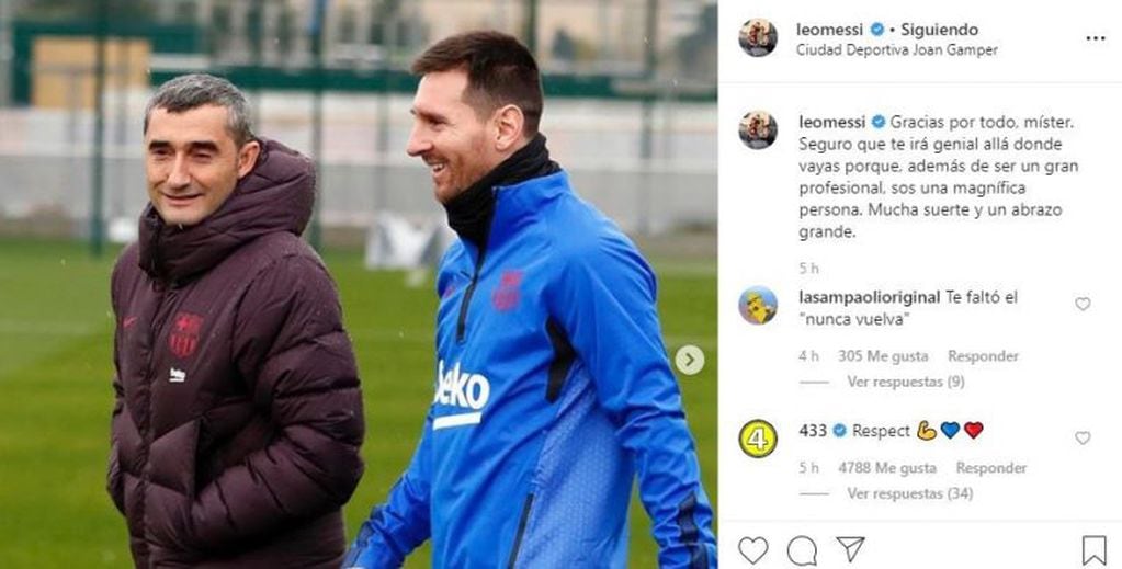 El mensaje de despedida de Lionel Messi a Ernesto Valverde: "Gracias por todo". (Instagram/@leomessi)
