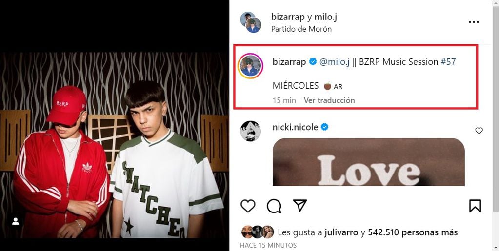 Milo J, el cantante con el que Bizarrap anunció que lanzará su Sessions #57. Gentileza Instagram.