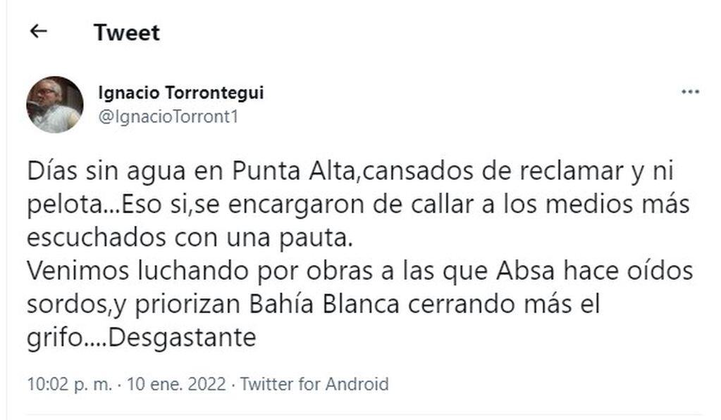 Desde Twitter Ignacio Torrontegui cuestionó a ABSA y los medios de comunicación.