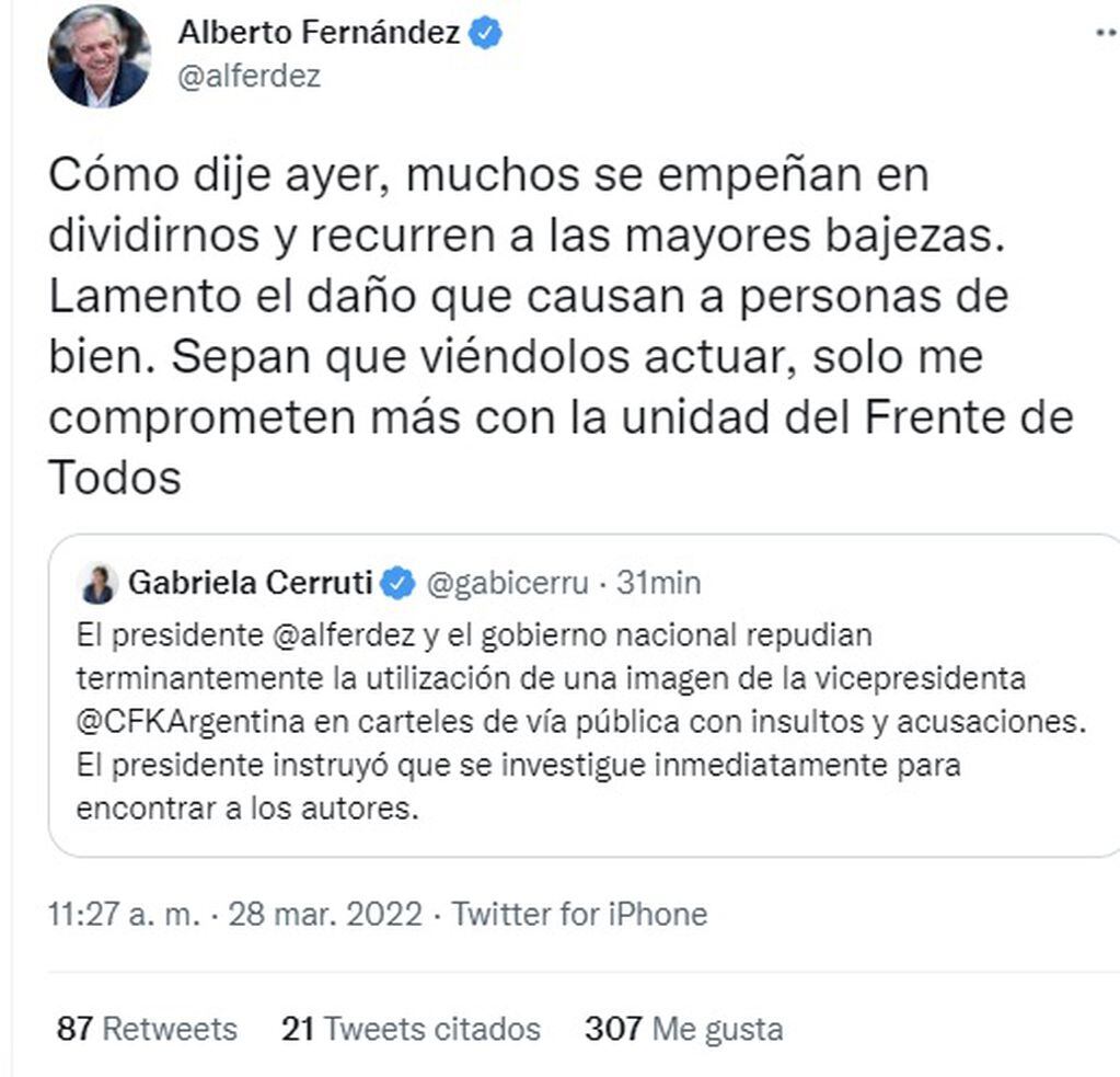 Alberto Fernández repudió los insultos a Cristina Kirchner y llamó a la unidad en el Frente de Todos (Twitter)