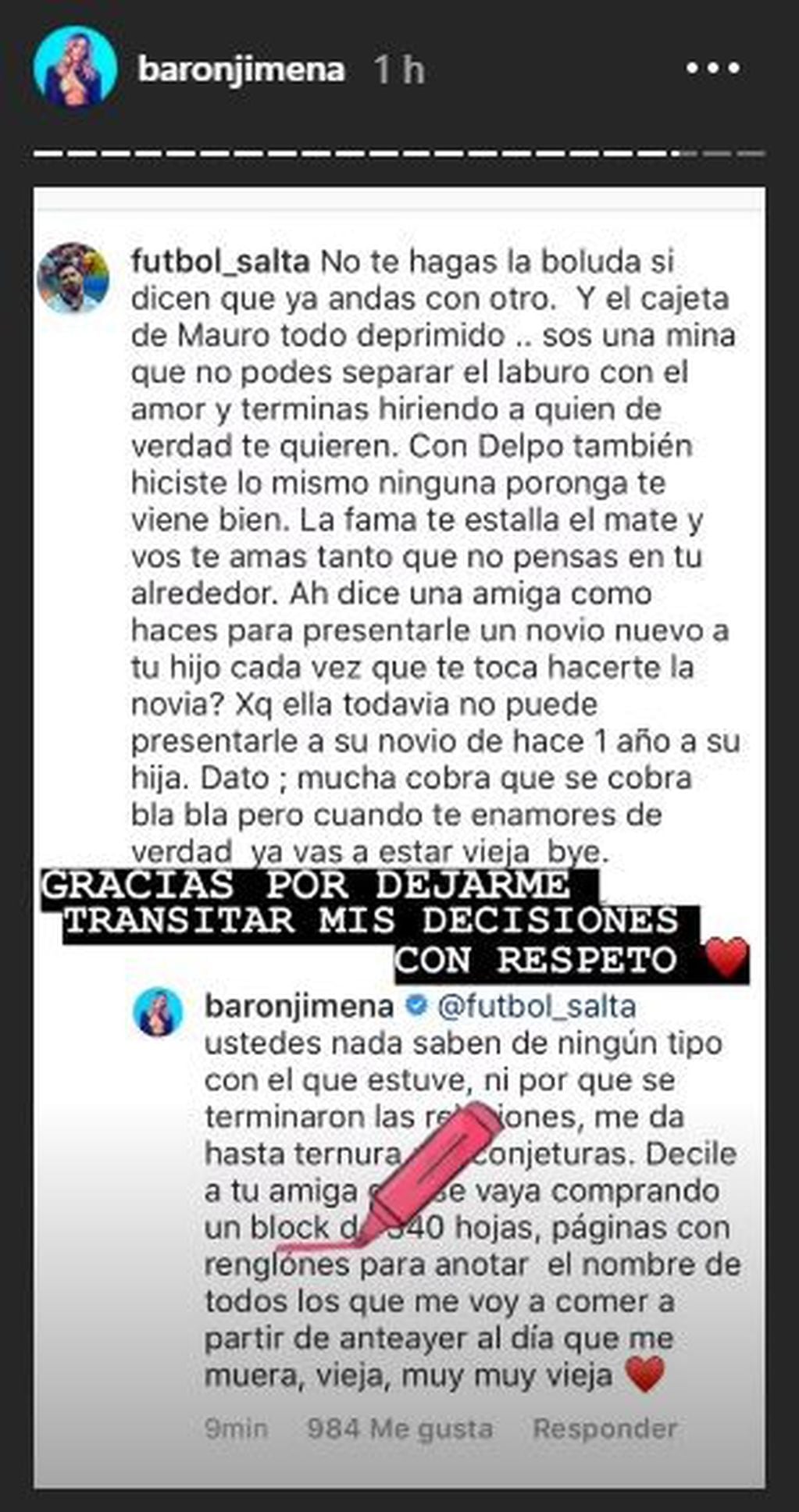 Jimena Barón le respondió a un seguidor que fue agresivo con ella (Foto: Instagram/ baronjimena)