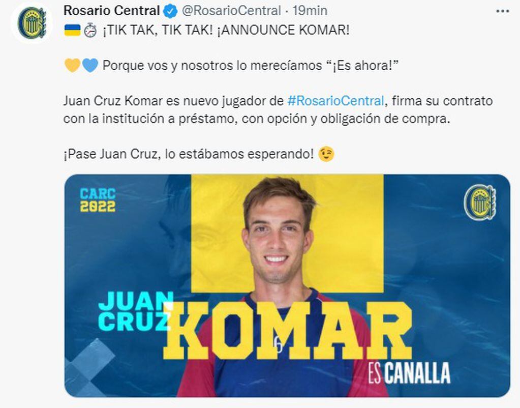 Rosario Central confirmó la contratación de Juan Cruz Komar.