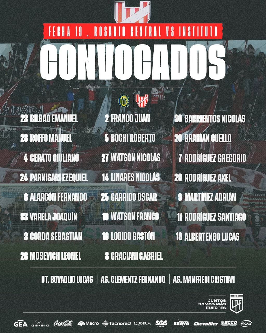 Los 23 convocados para el cotejo contra Rosario Central.