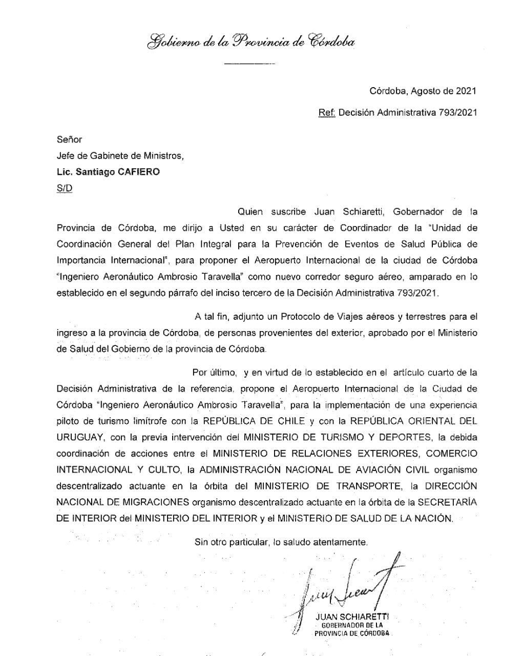 El gobernador de Córdoba solicitó la reactivación de vuelos internacionales en Córdoba.