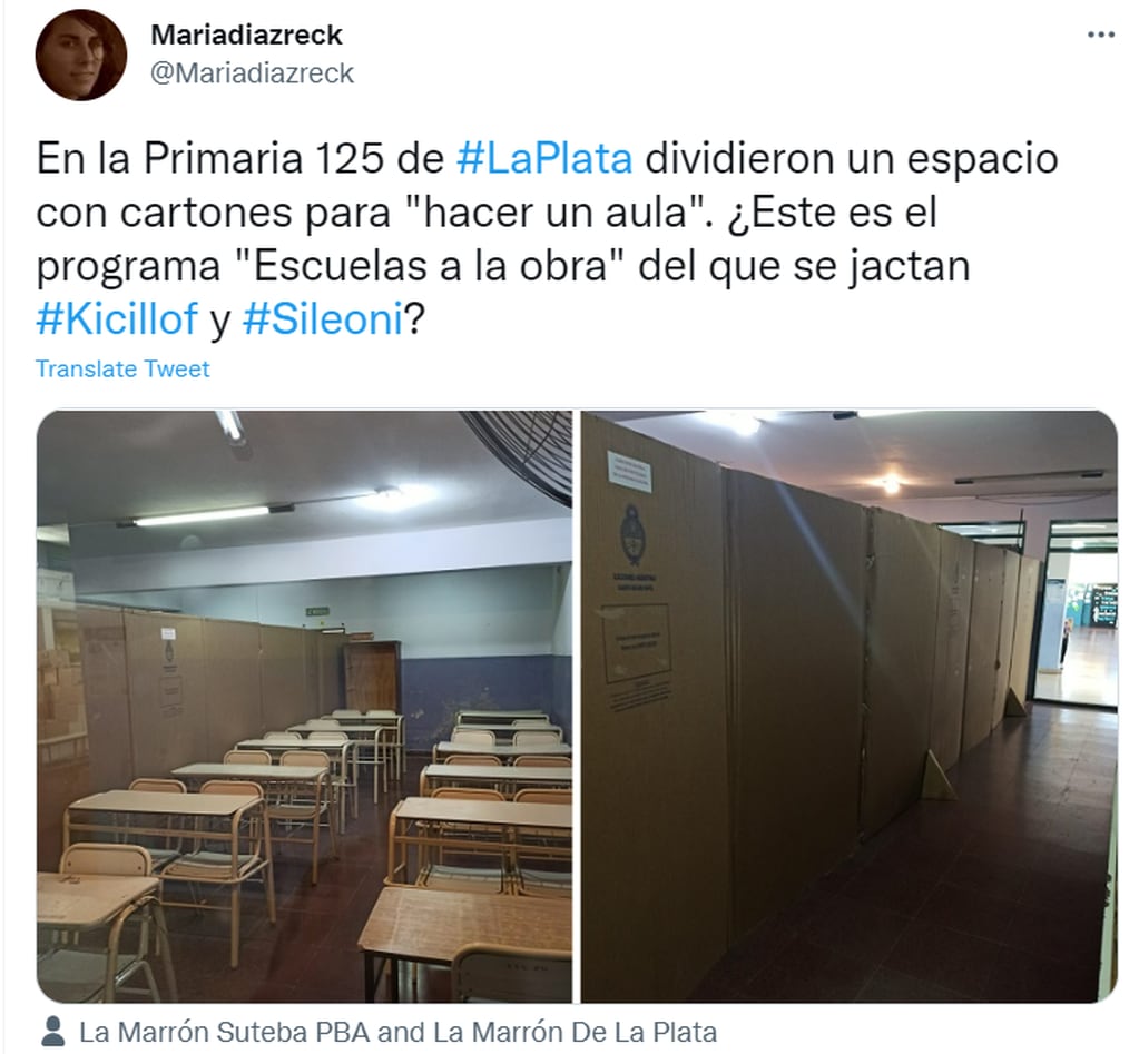 Denuncian que una escuela de La Plata divide las aulas con cartones.