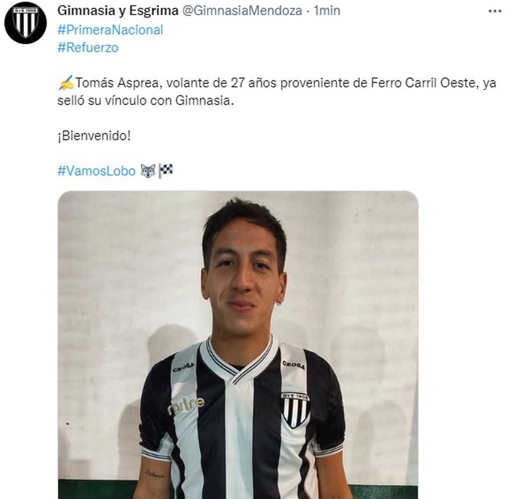 Tomás Asprea nuevo refuerzo de Gimnasia de Mendoza.
