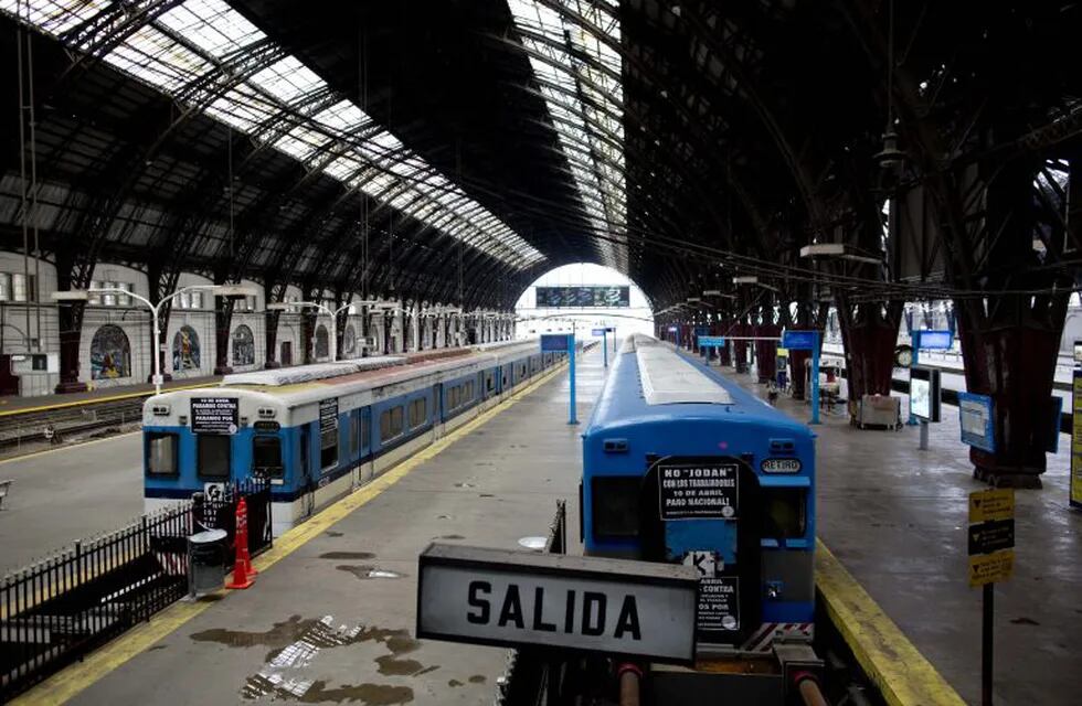 Trains at a standstill on the tracks at the Retiro train station in Buenos Aires, Argentina, Thursday, April 10, 2014. A nationwide strike has paralyzed Argentinau2019s public transports, all non-emergency hospital attention and other sections of public life.