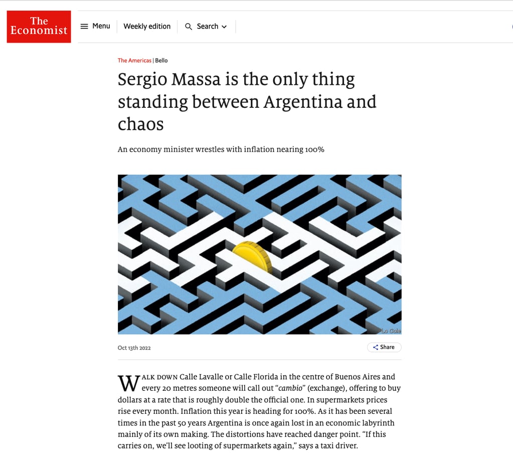 The Economist elogió a Sergio Massa y afirmó que impide el caos en Argentina.