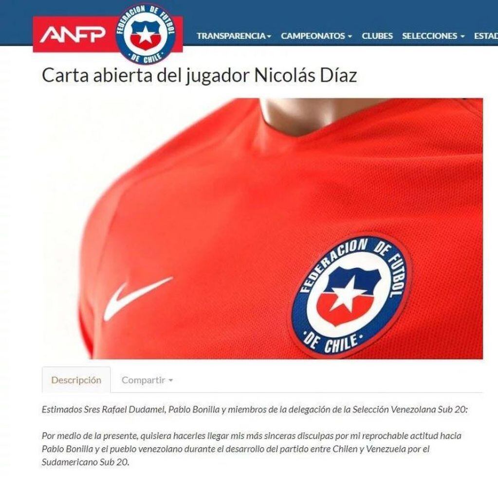 El comunicado de la ANFP tras el exabrupto del chileno Nicolás Díaz.