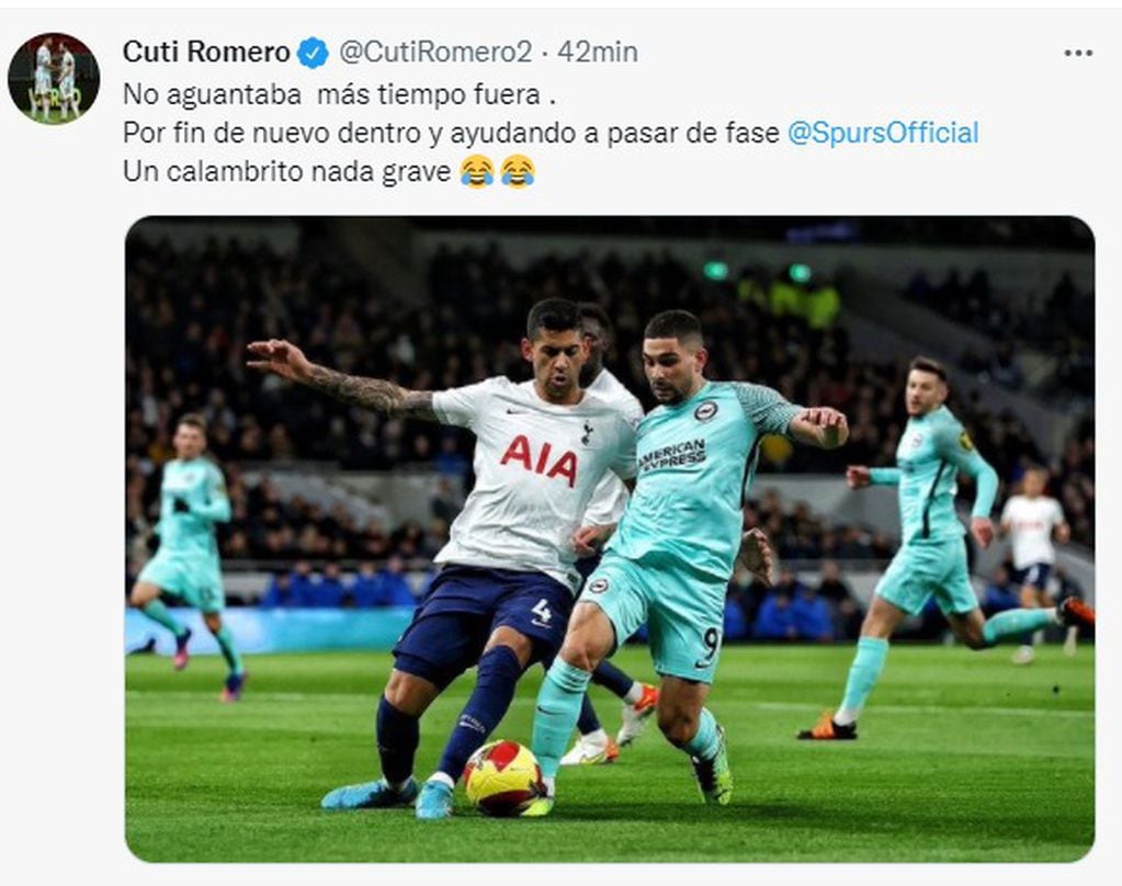 El cordobés Cuti Romero volvió a jugar en el Tottenham, tras lesionarse en el Argentina-Brasil.