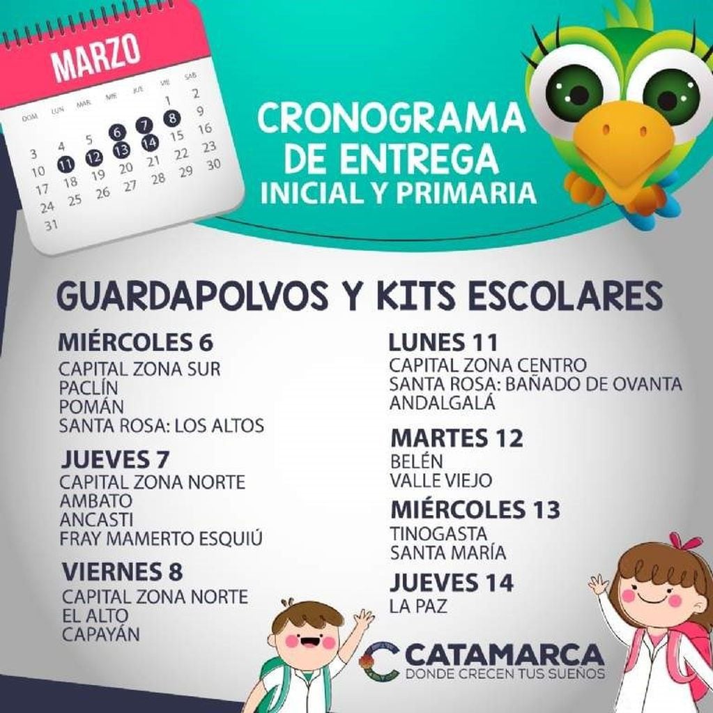 Cronograma de entrega de kits escolares y guardapolvos (Foto: Gobierno de Catamarca)