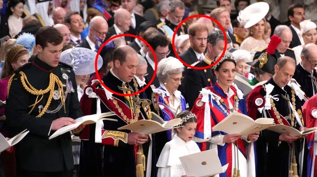 William en la primera fila y Harry en la tercera, durante la coronación del rey Carlos. Foto: Infobae