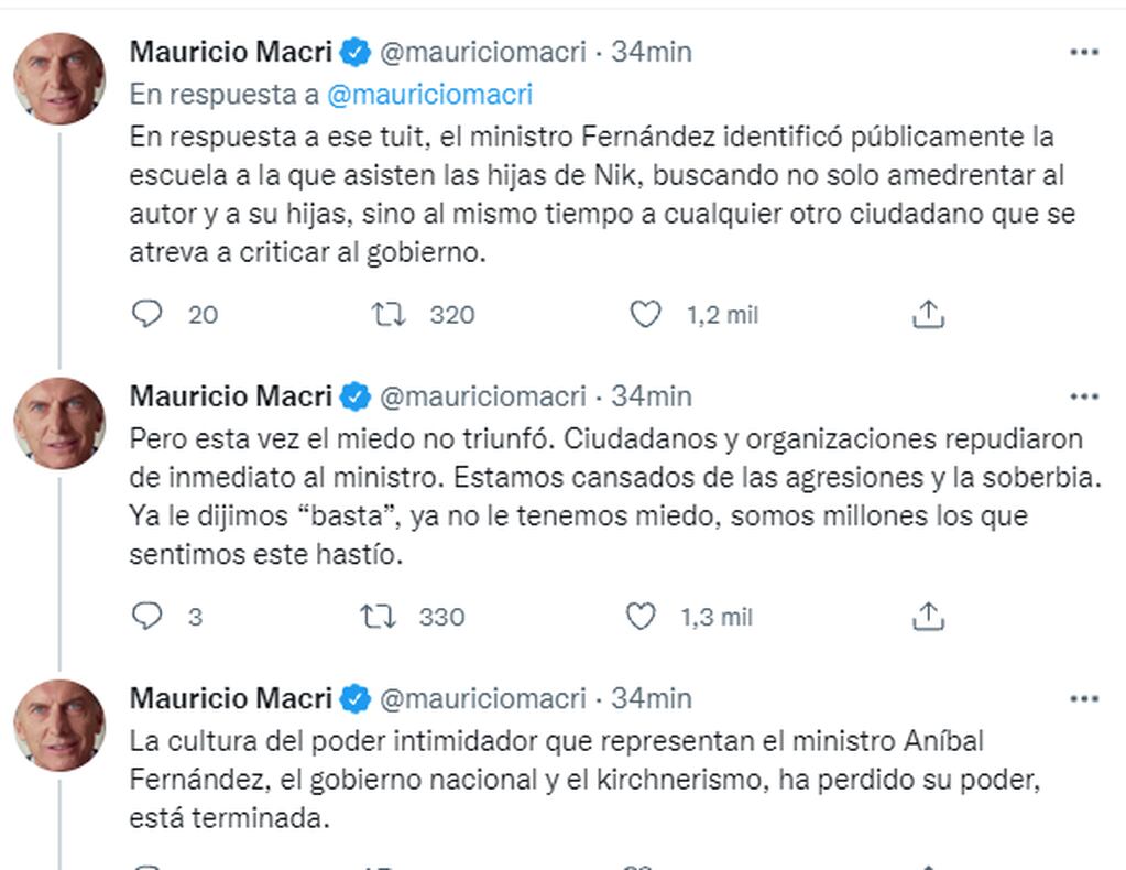 El hilo de tuits que Macri publicó en su cuenta oficial defendiendo al dibujante.