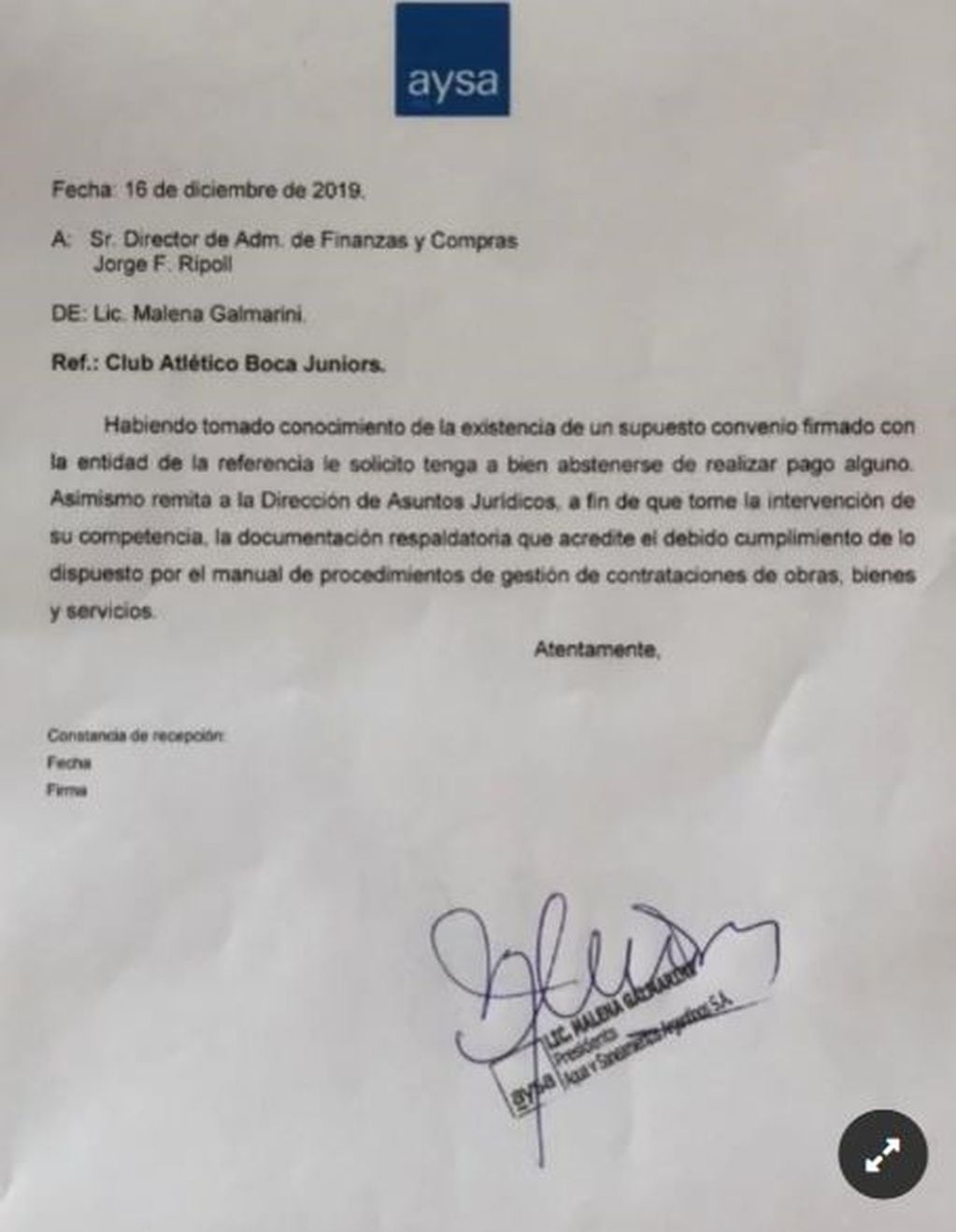 La carta de Malena Massa sobre el contrato con Boca.