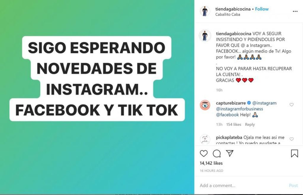 Hackearon las cuentas de Gabi Cocina (Instagram tiendagabicocina)