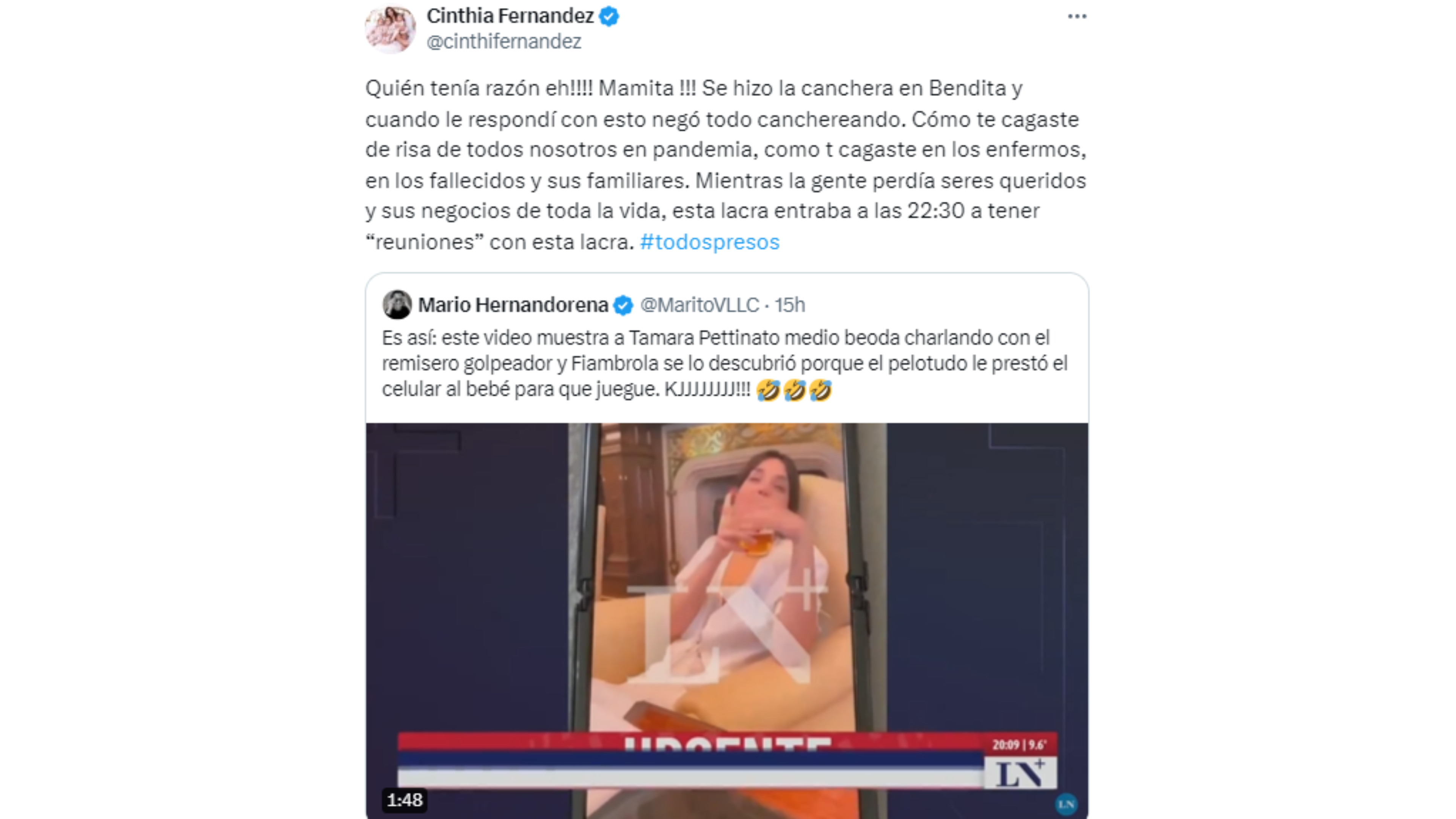 El tweet de Cinthia Fernández contra Tamara Pettinato y Alberto Fernández.