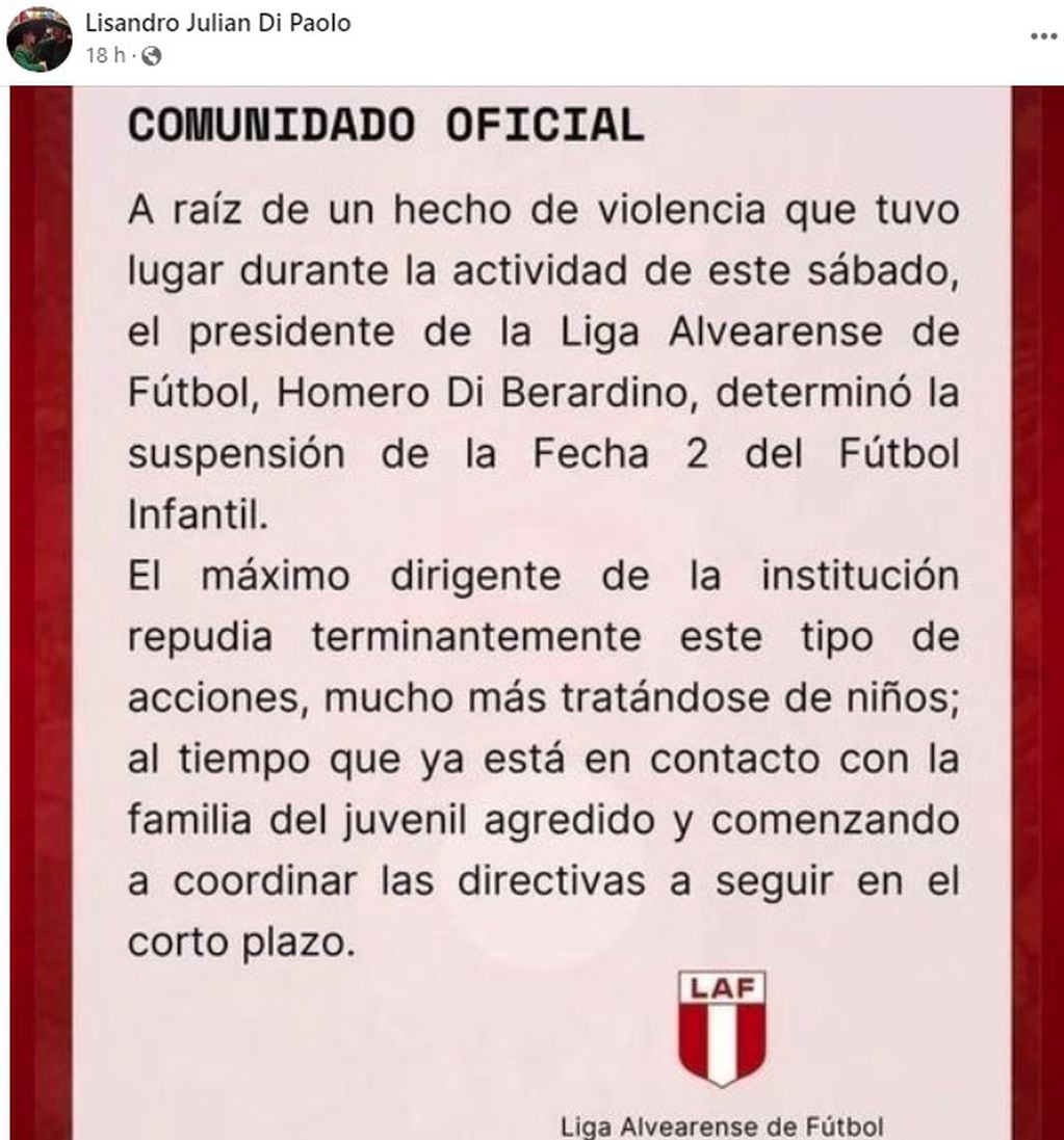 Comunicado oficial de la Liga Alvearense de Fútbol.
