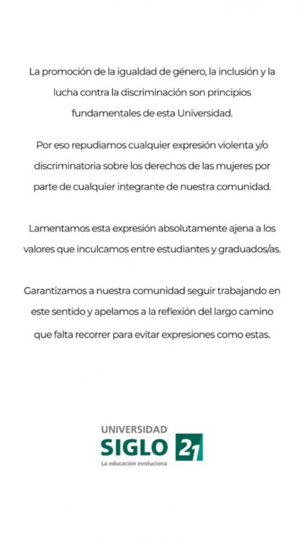 Comunicado Universidad Siglo XXI.