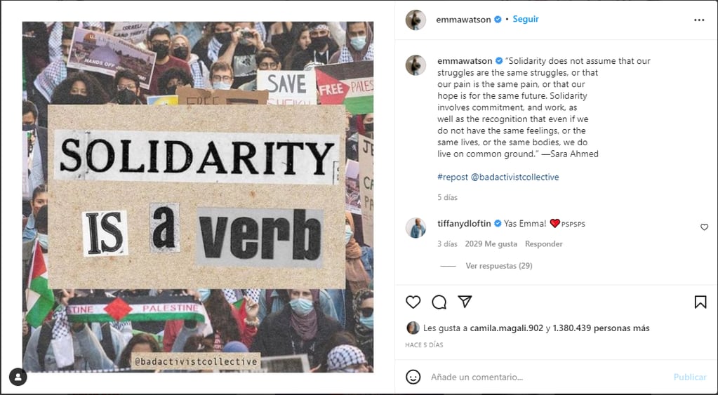 El mensaje de Emma Watson apoyando a Palestina.