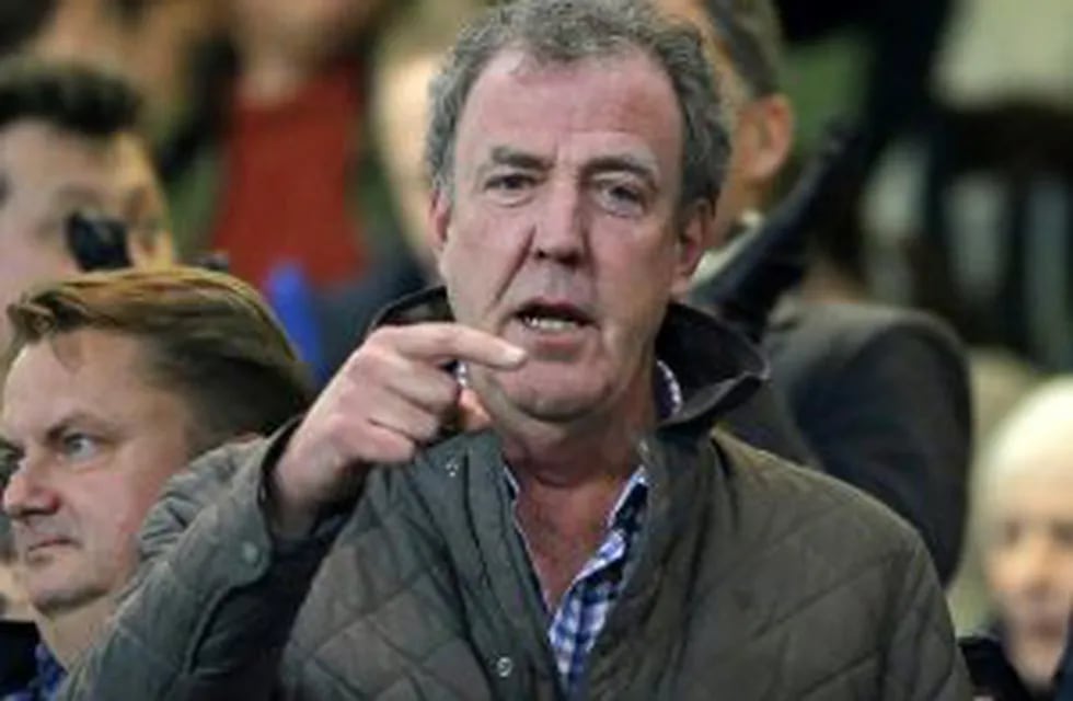 FILE - This is a Wednesday, March 11, 2015 file photo of TV host Jeremy Clarkson as he gestures as he takes his place in the stands before the Champions League round of 16 second leg soccer match between Chelsea and Paris Saint Germain at Stamford Bridge 