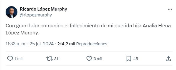 López Murphy comunicó el fallecimiento de su hija.