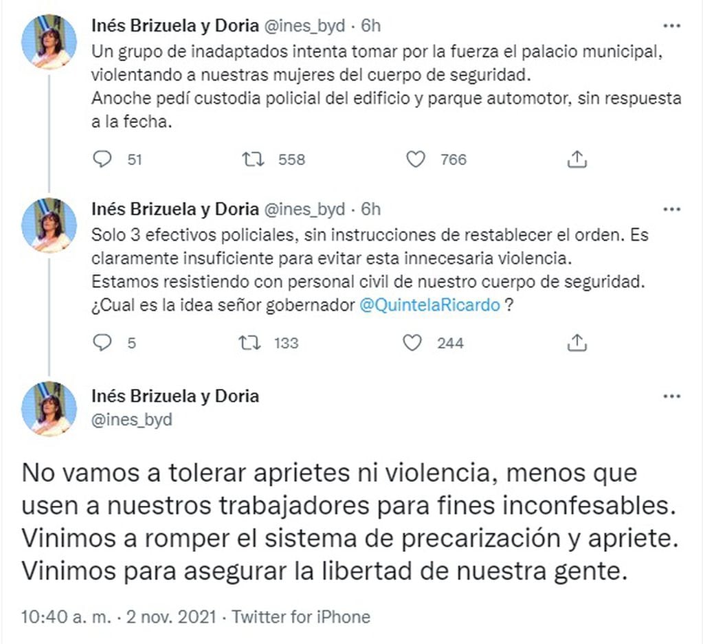 Los mensajes de la intendenta de La Rioja. (Twitter: @ines_byd)