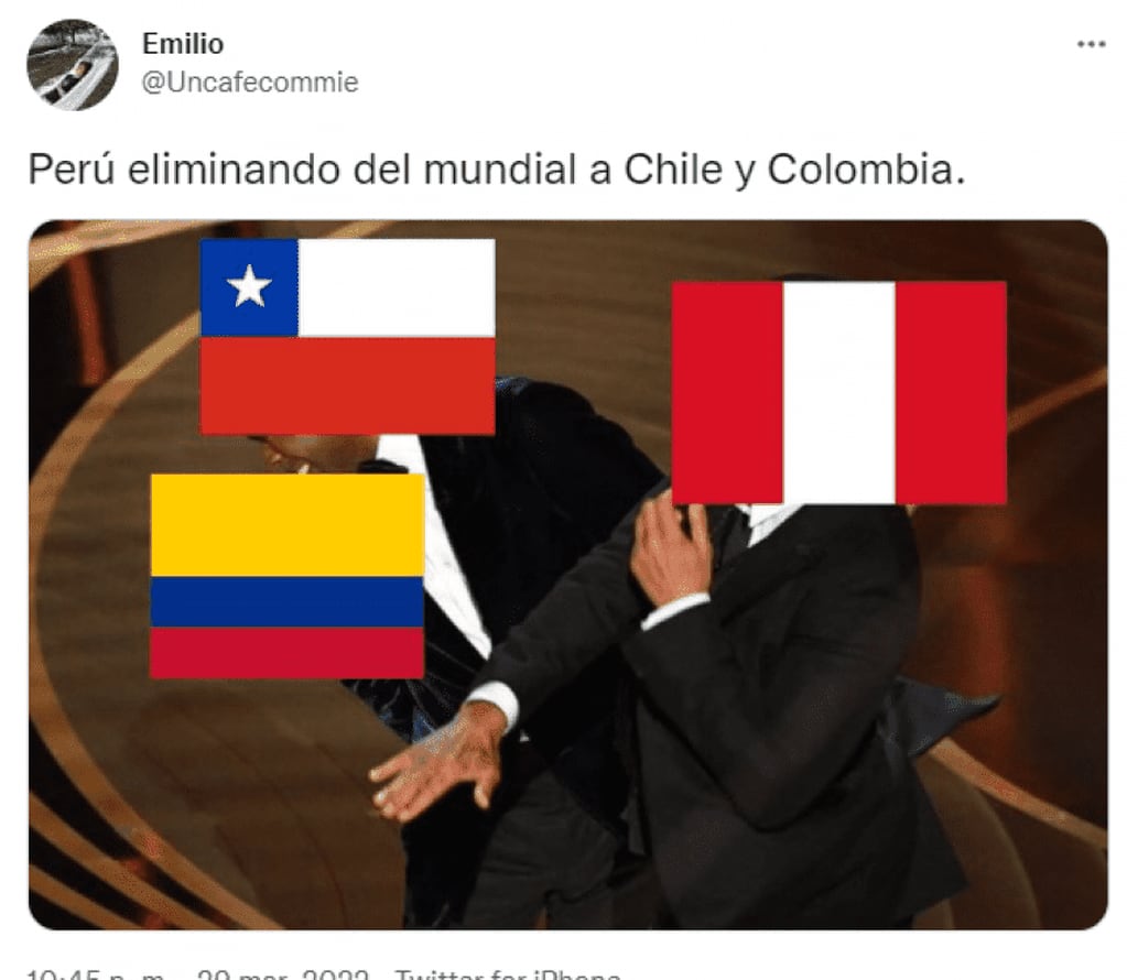 No podía faltar el meme de la bofetada de Will Smith a Chris Rock en los Oscar, con las banderas de Perú golpeando a los eliminados Chile y Colombia.