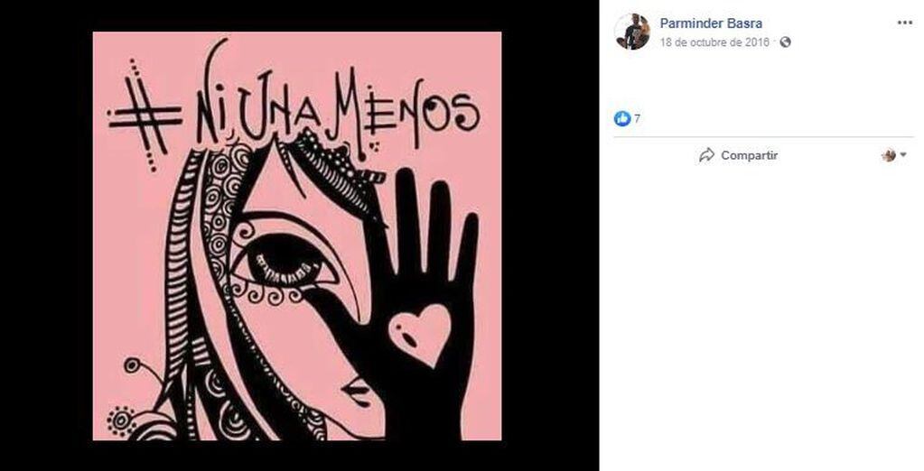 El femicida había publicado en su cuenta de Facebook una imagen en apoyo al movimiento #NiUnaMenos, pero casi un año después asesinó a su esposa (Foto: Facebook/ Parminder Basra)