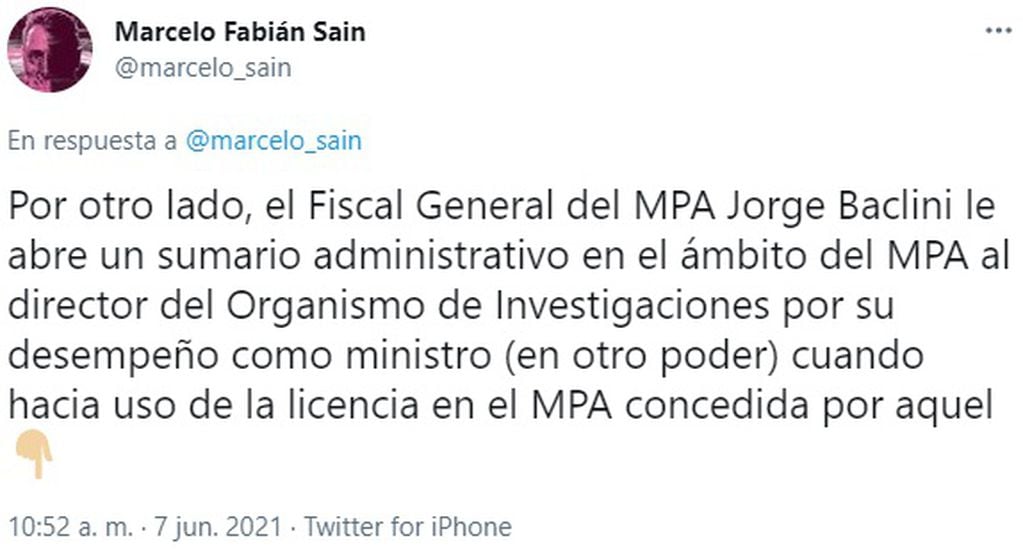 Sain criticó la postura del fiscal general Jorge Baclini por impulsar un sumario administrativo del MPA.