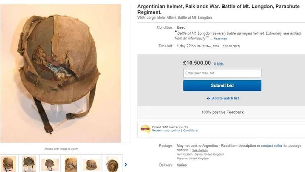 La subasta del casco que utilizó Jorge Alberto Altieri en la Guerra de Malvinas. (Captura: eBay)