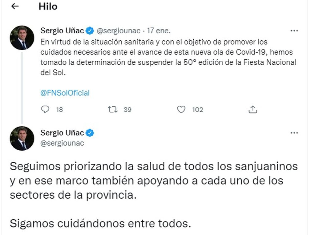 El tweet del anuncio del gobernador Uñac.