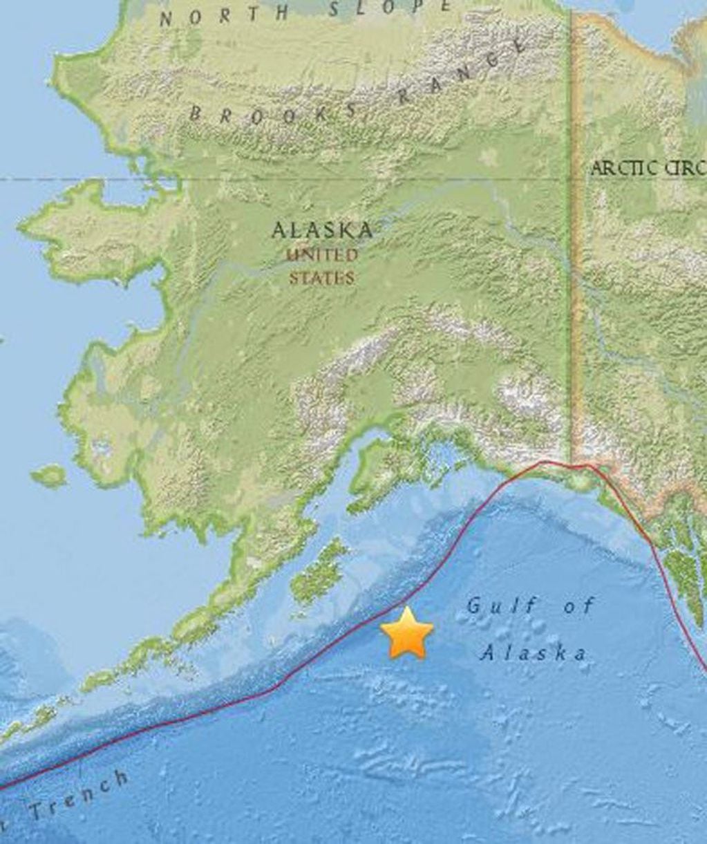 Mapa facilitado por el Centro Geológico de Estados Unidos (USGS) que muestra la localización de un terremoto de 8,2 grados de magnitud en la escala de Richter localizado a una profundidad de 10 kilómetros a 278 kilómetros al sureste de la ciudad de Kodiak, Alaska (Estados Unidos) hoy 23 de enero de 2018. EFE/ USGS
