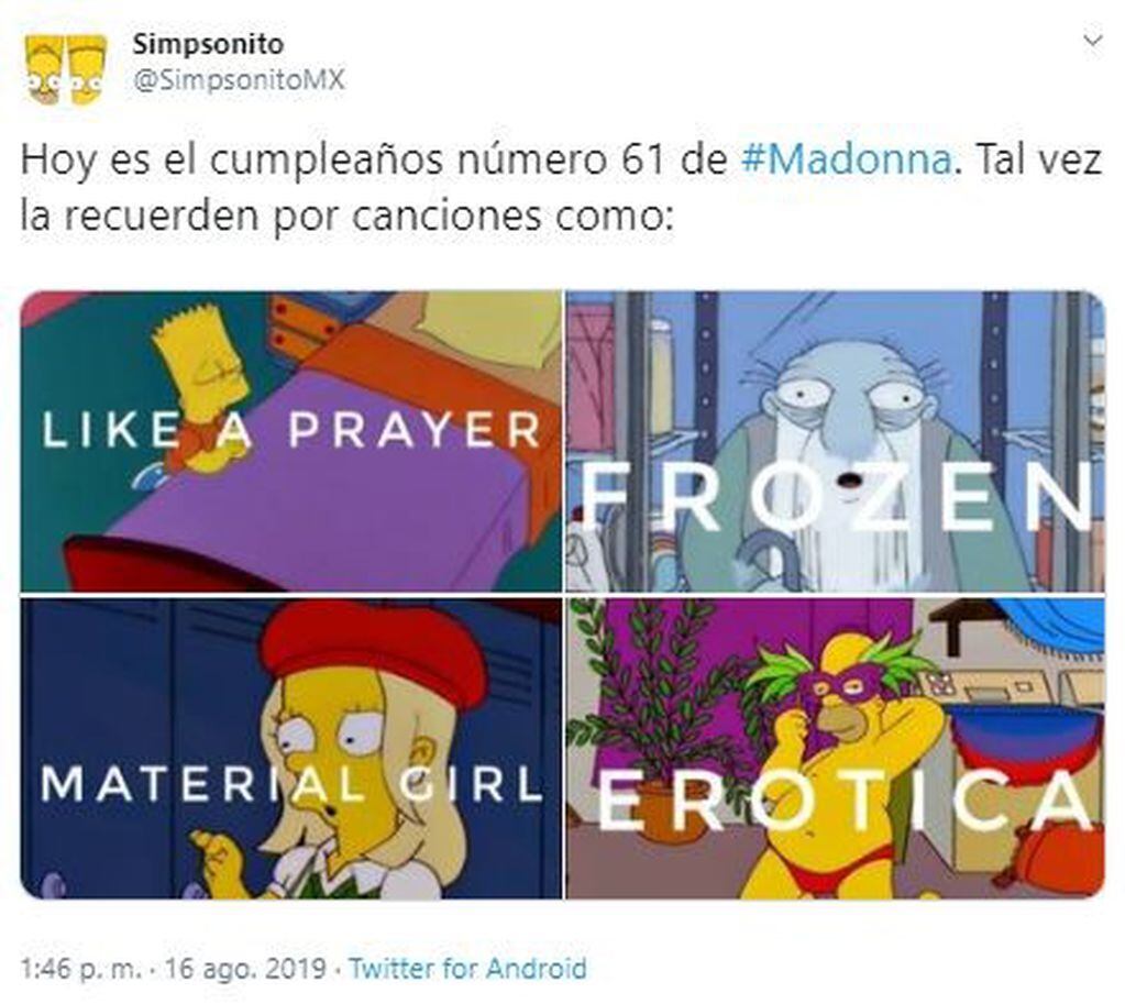 Madonna cumple 61: los increíbles memes de Los Simpson que ilustran sus canciones (Foto: Twitter)