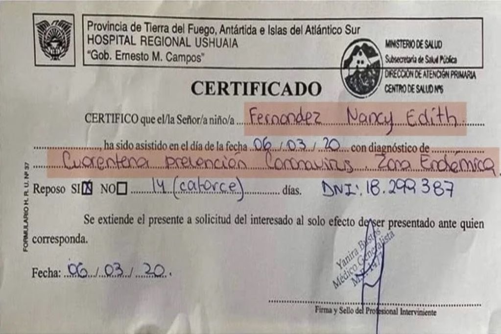 Certificado de Nancy Fernández Marchesi.