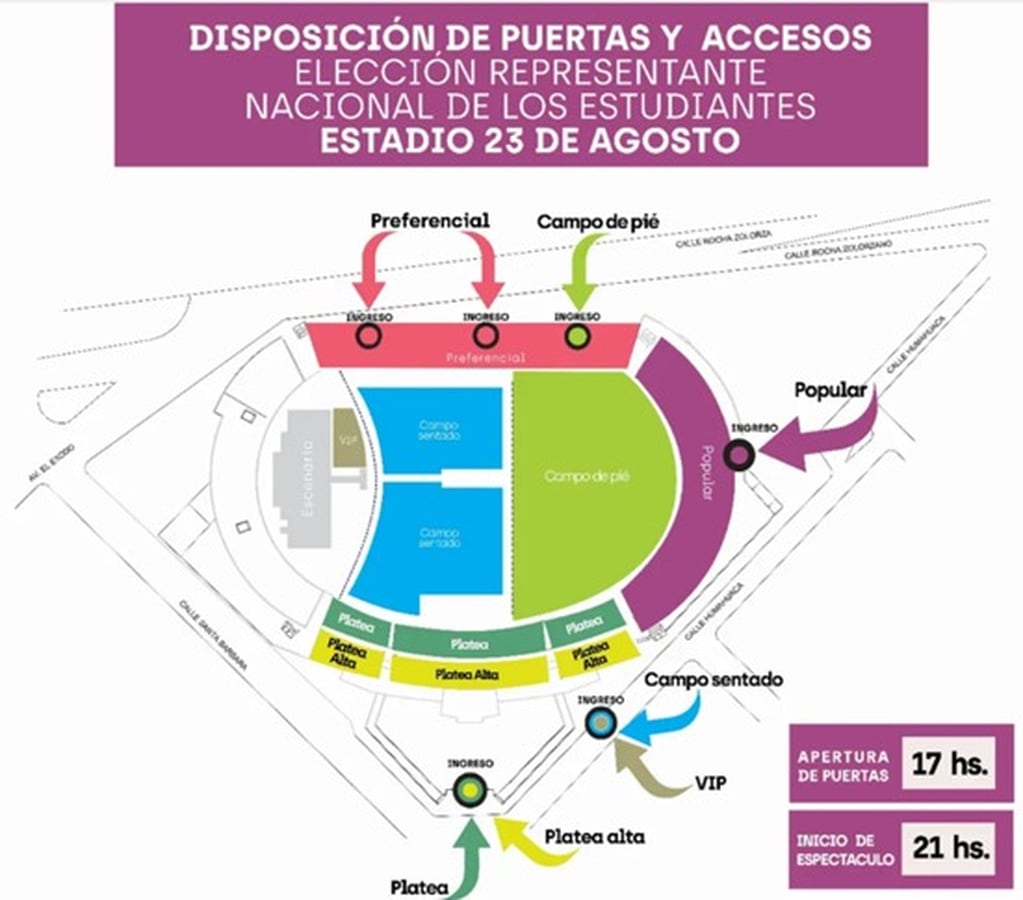 Croquis que muestra los accesos que se habilitará este viernes en el estadio "23 de Agosto" para la noche de la elección de la Representante Nacional de los Estudiantes 2023, en Jujuy.